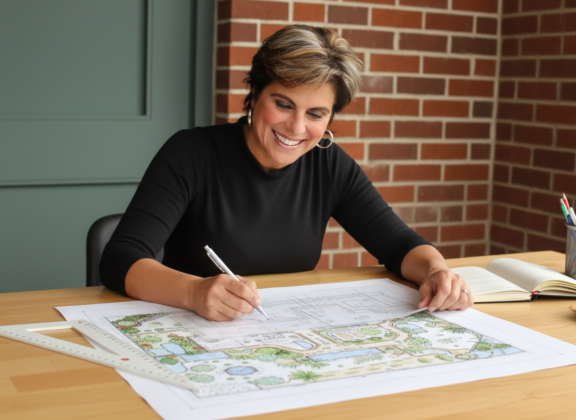 Dianne Sprott drawing a landscape plan at her desk